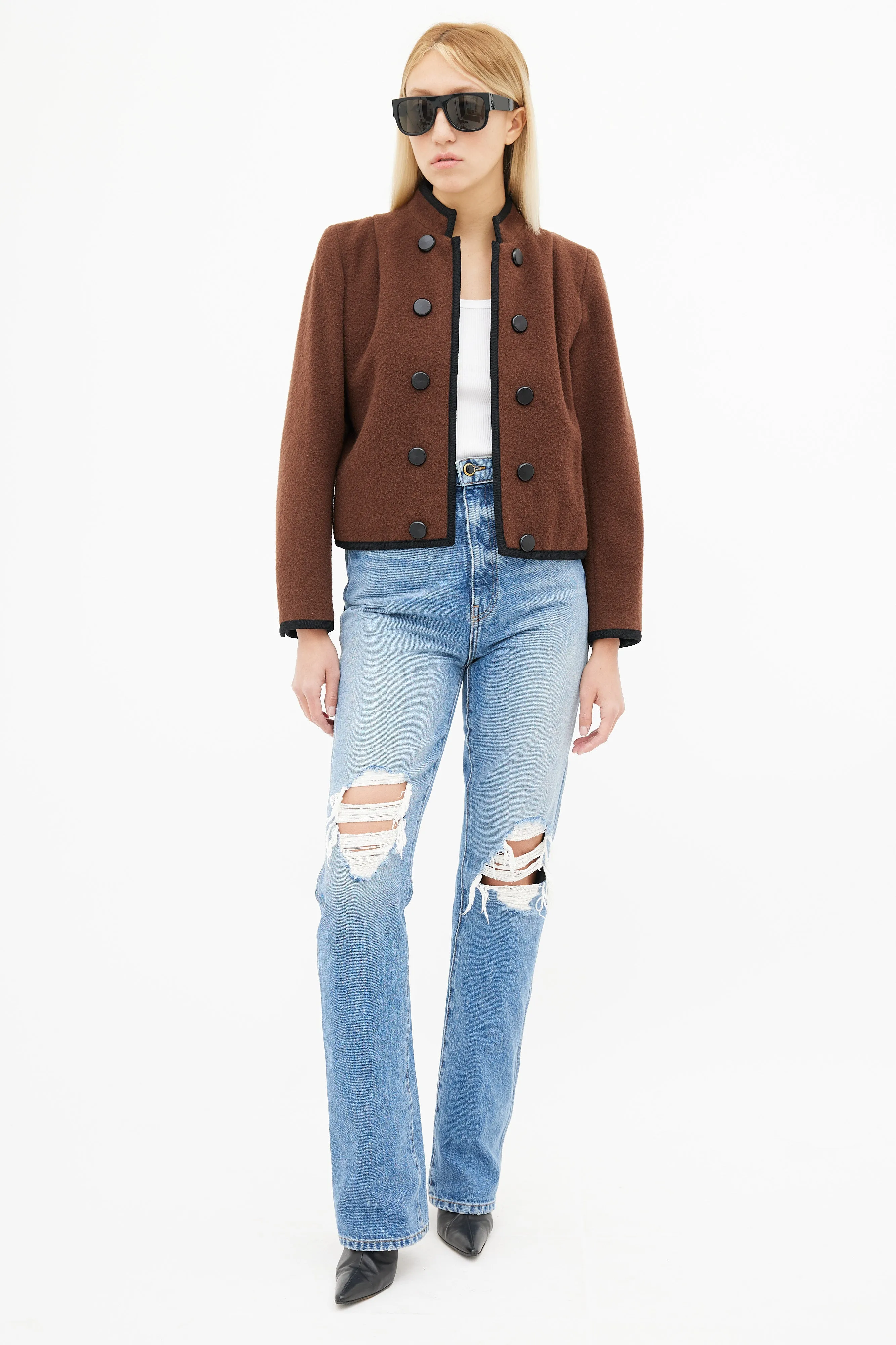 80s Brown Wool & Black Trim Cropped Blazer