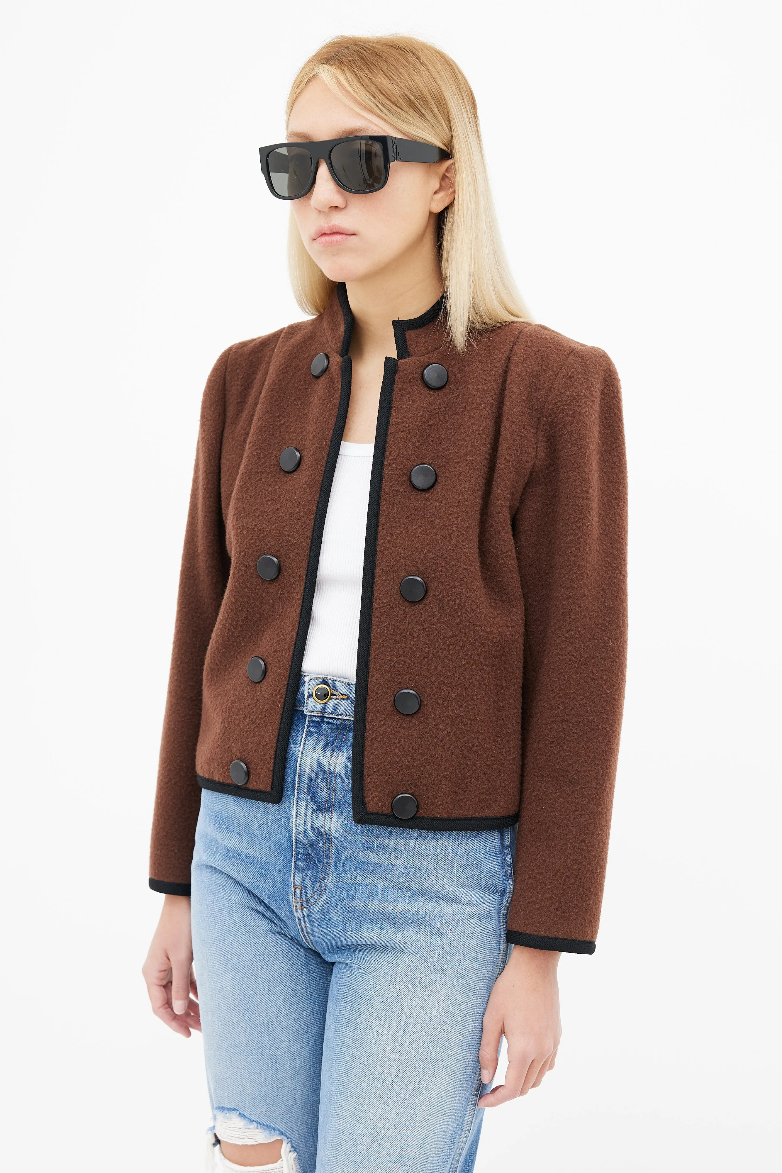 80s Brown Wool & Black Trim Cropped Blazer