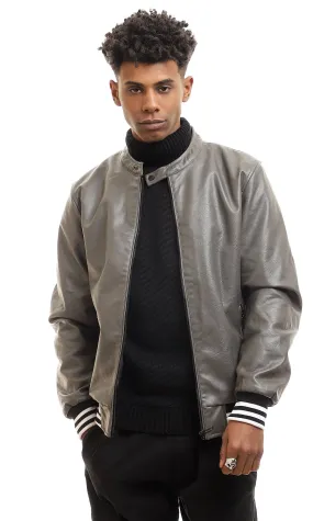 95829 Leather Plain Zipper Mock Neck Jacket - Dark Grey