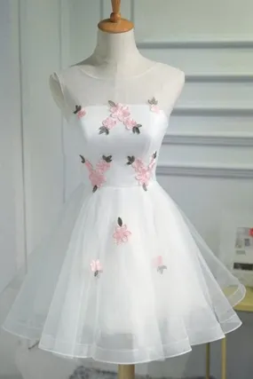 A Line Cheap Tulle Graduation with Pink Appliques Short Sleeveless Prom Dress