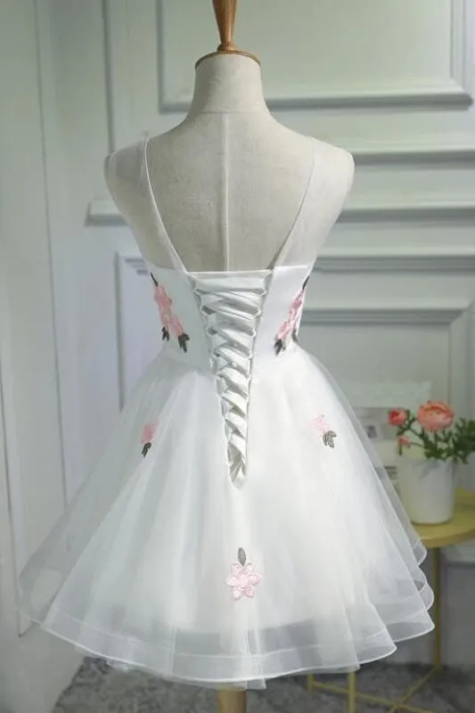 A Line Cheap Tulle Graduation with Pink Appliques Short Sleeveless Prom Dress