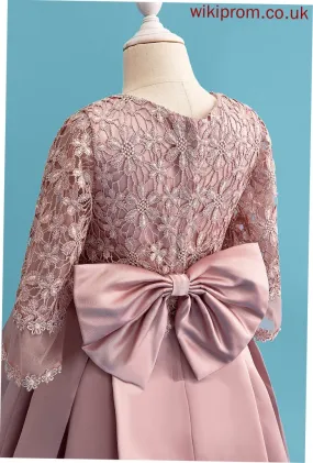 A-Line Dress Neck Long Knee-length Scoop Flower Bow(s) Flower Girl Dresses Girl With Geraldine Satin/Lace - Sleeves
