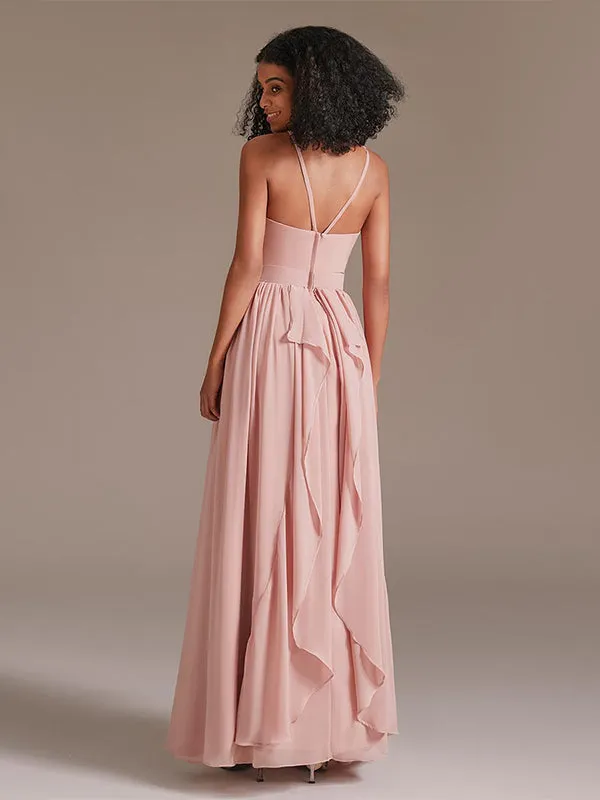 A-line Halter Neck Floor-Length Chiffon Bridesmaid Dress