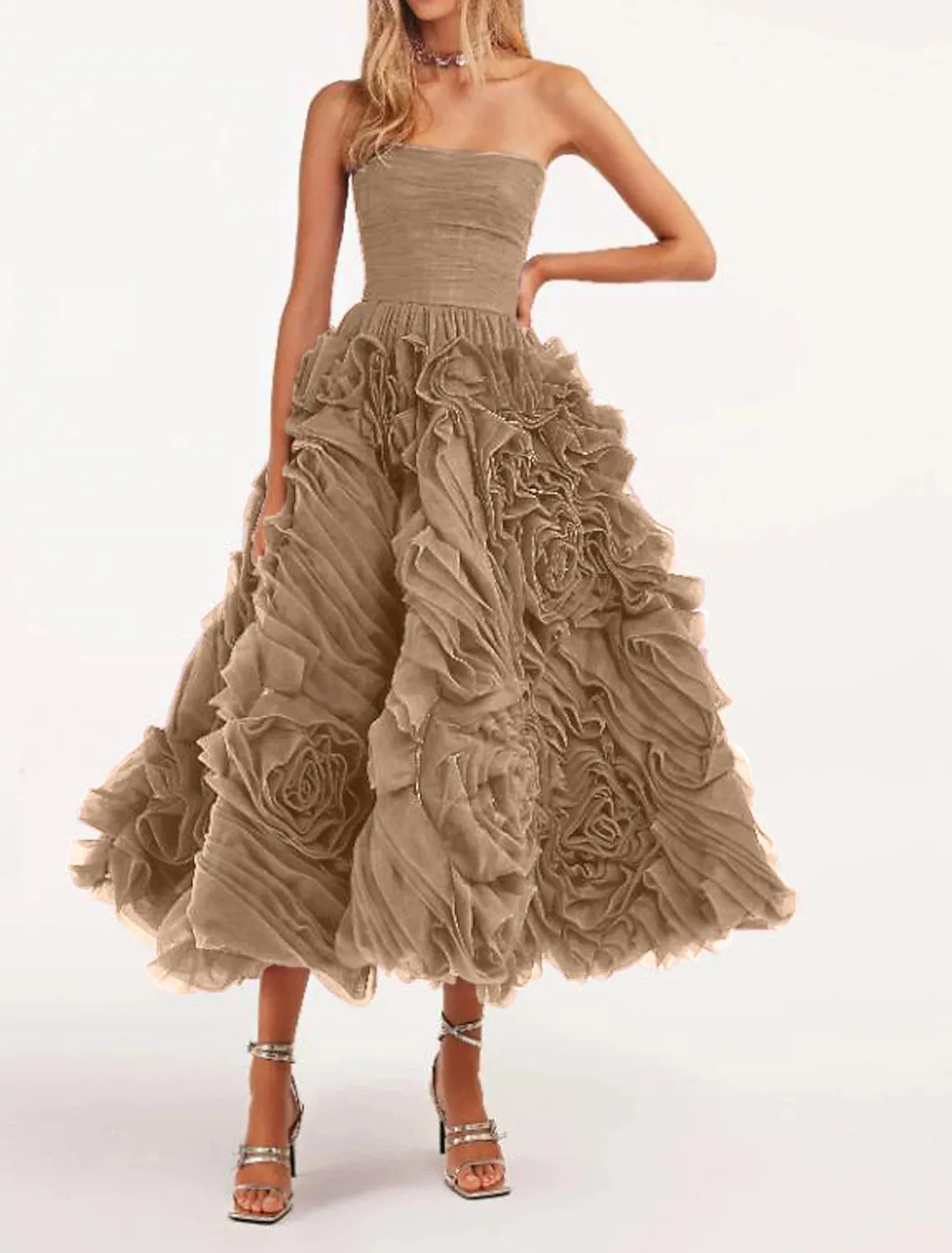 A-Line Prom Dresses Floral Dress Masquerade Ankle Length Sleeveless Strapless Tulle Backless with Floral