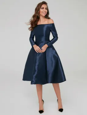 A-Line Special Occasion Dresses Elegant Dress Wedding Guest Cocktail Party Knee Length Long Sleeve Off Shoulder Satin with Pleats