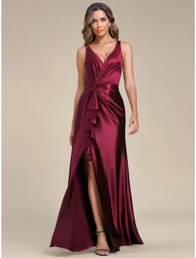 A-Line Wedding Guest Dresses Elegant Dress Formal Wedding Sweep / Brush Train Sleeveless V Neck Bridesmaid Dress Satin with Ruched Ruffles Slit
