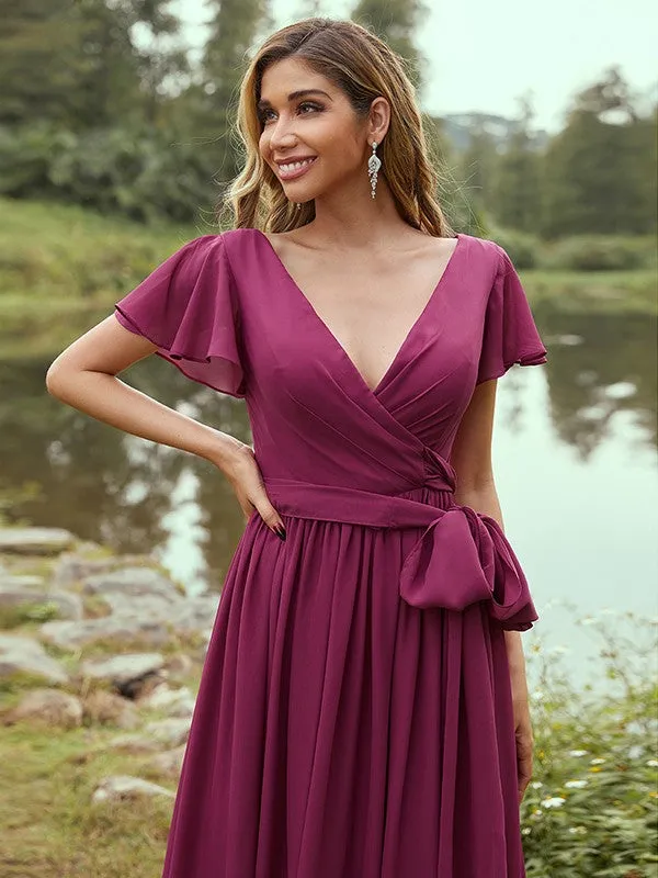 A-Line/Princess Chiffon Ruffles V-neck Short Sleeves Floor-Length Bridesmaid Dresses