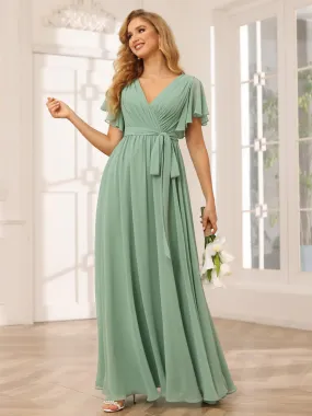 A-Line/Princess V-Neck Short Sleeves Long Bridesmaid Dresses With Sash