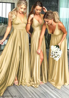 A-Line/Princess V-Neck Sweep Train Jersey Bridesmaid Dresses With Split Front Pleated Waistband Tina SWKP0025336