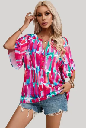 Abstract Hot Pink Brushwork Print Buttoned V Neck Summer Blouse
