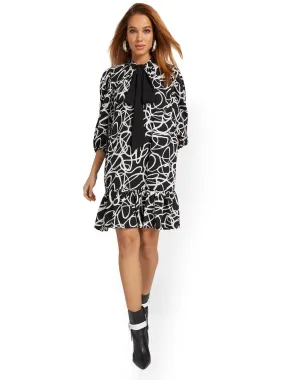 Abstract-Print Bow-Neck Dress
