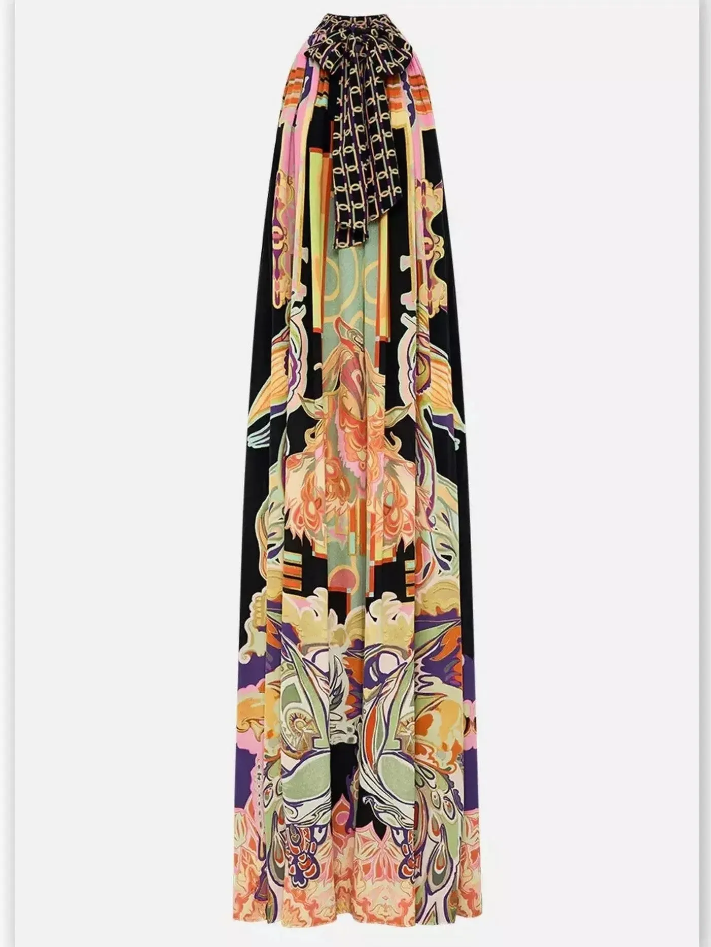 Abstract Printed Halter Tie-Neck Long Silk Dress