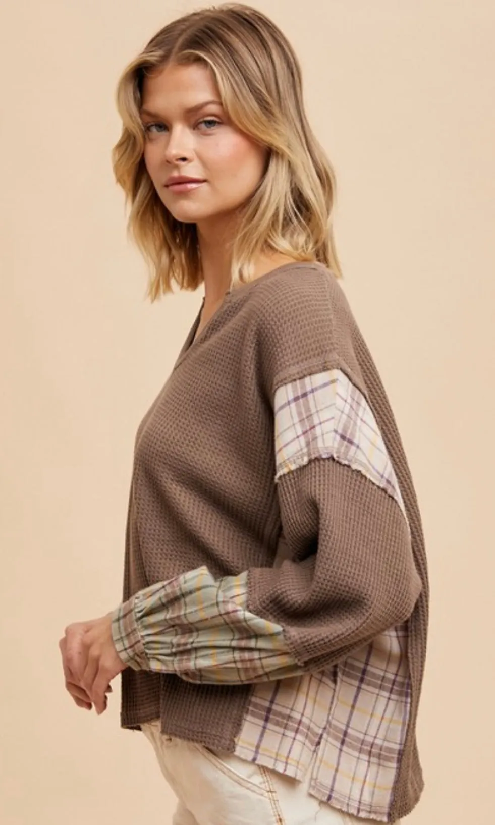 Adamie Mocha Thermal Mixed Plaid Knit Top