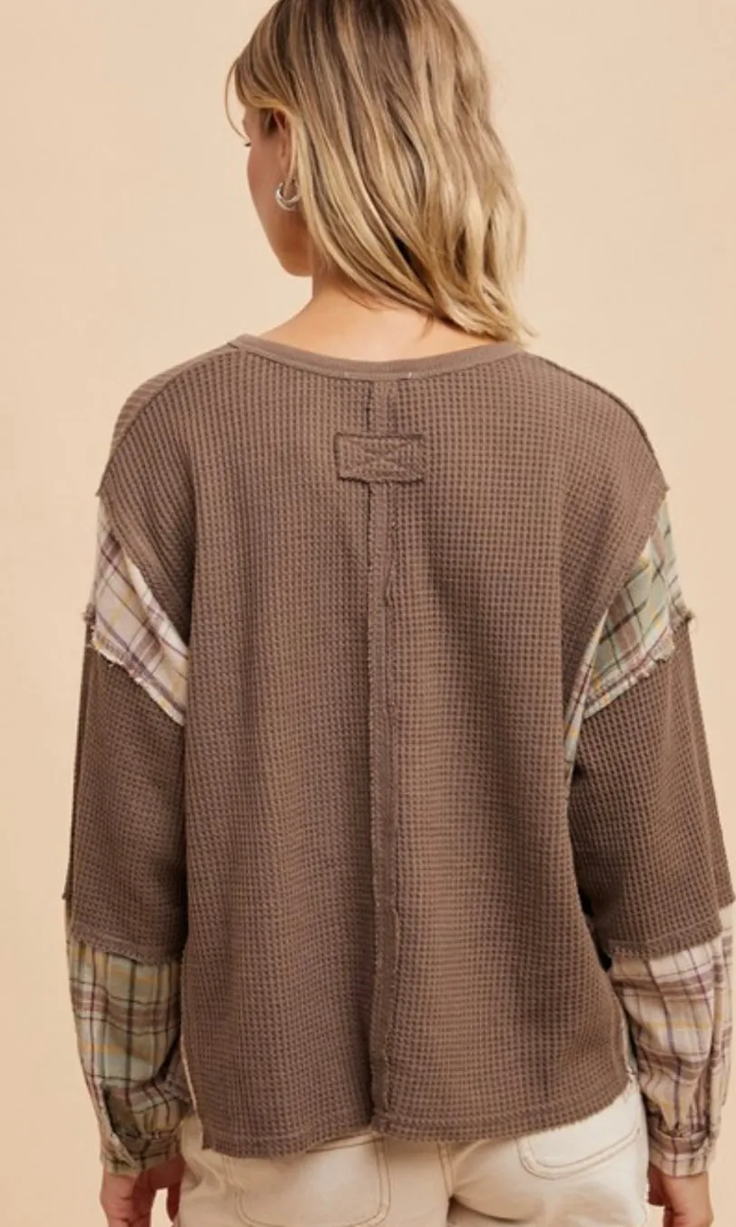 Adamie Mocha Thermal Mixed Plaid Knit Top