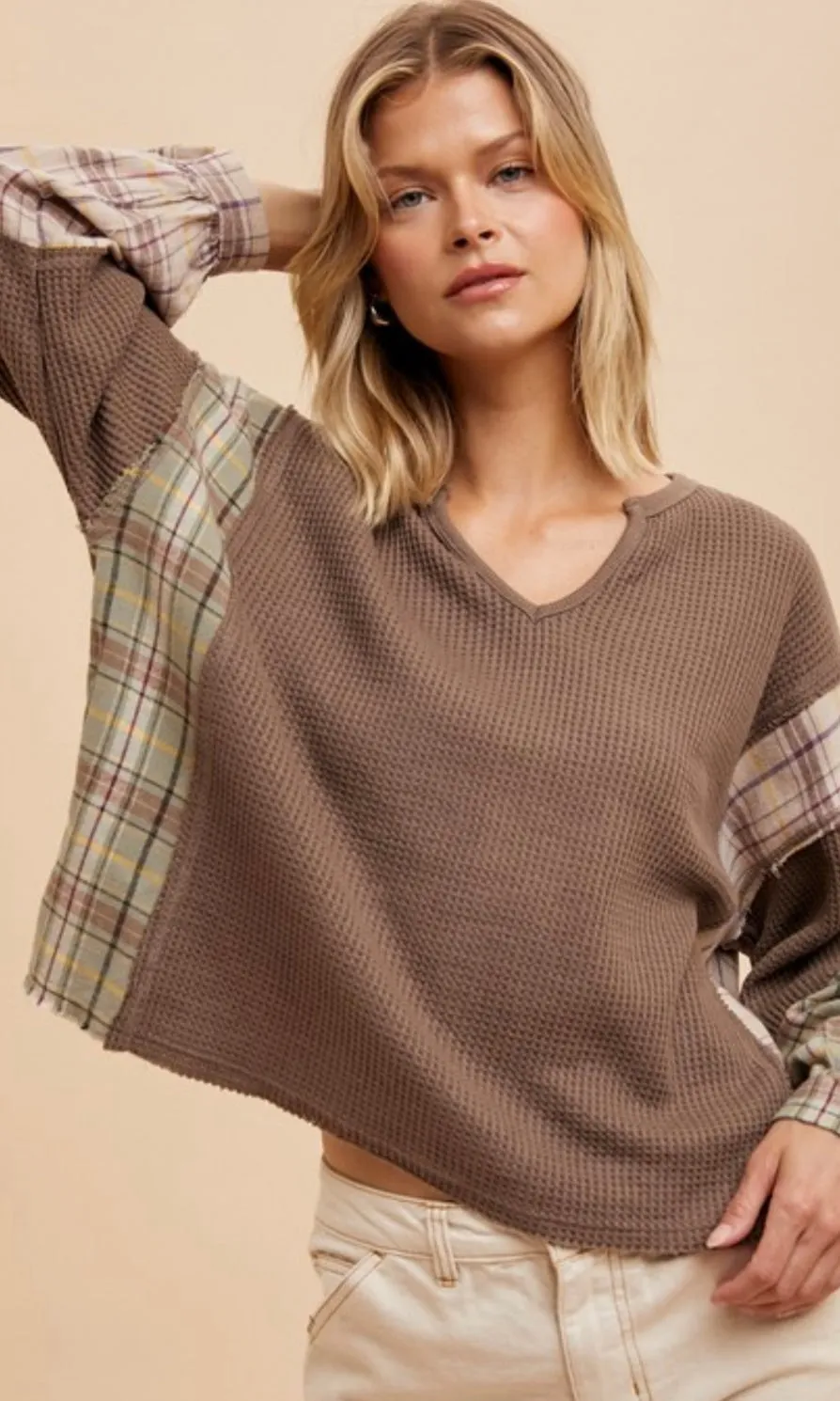 Adamie Mocha Thermal Mixed Plaid Knit Top
