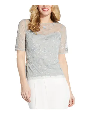 ADRIANNA PAPELL Womens Green Zippered Beaded And Sequined Lined Short Sleeve Boat Neck Party Top