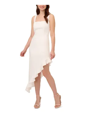 ADRIANNA PAPELL Womens Ivory Zippered Lined Ruffled Asymmetrical Hem Sleeveless Square Neck Tea-Length Party Sheath Dress