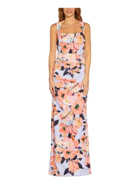 ADRIANNA PAPELL Womens Light Blue Pleated Zippered Cut Out Back Ruched Gathered Floral Sleeveless Square Neck Full-Length Evening Gown Dress