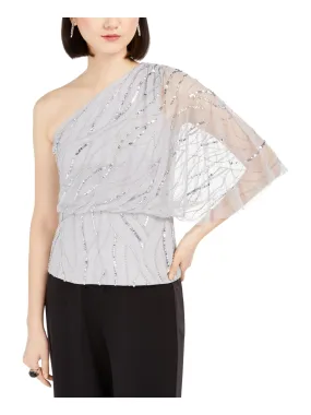 ADRIANNA PAPELL Womens Sequined Sheer Patterned Sleeveless Asymmetrical Neckline Evening Top