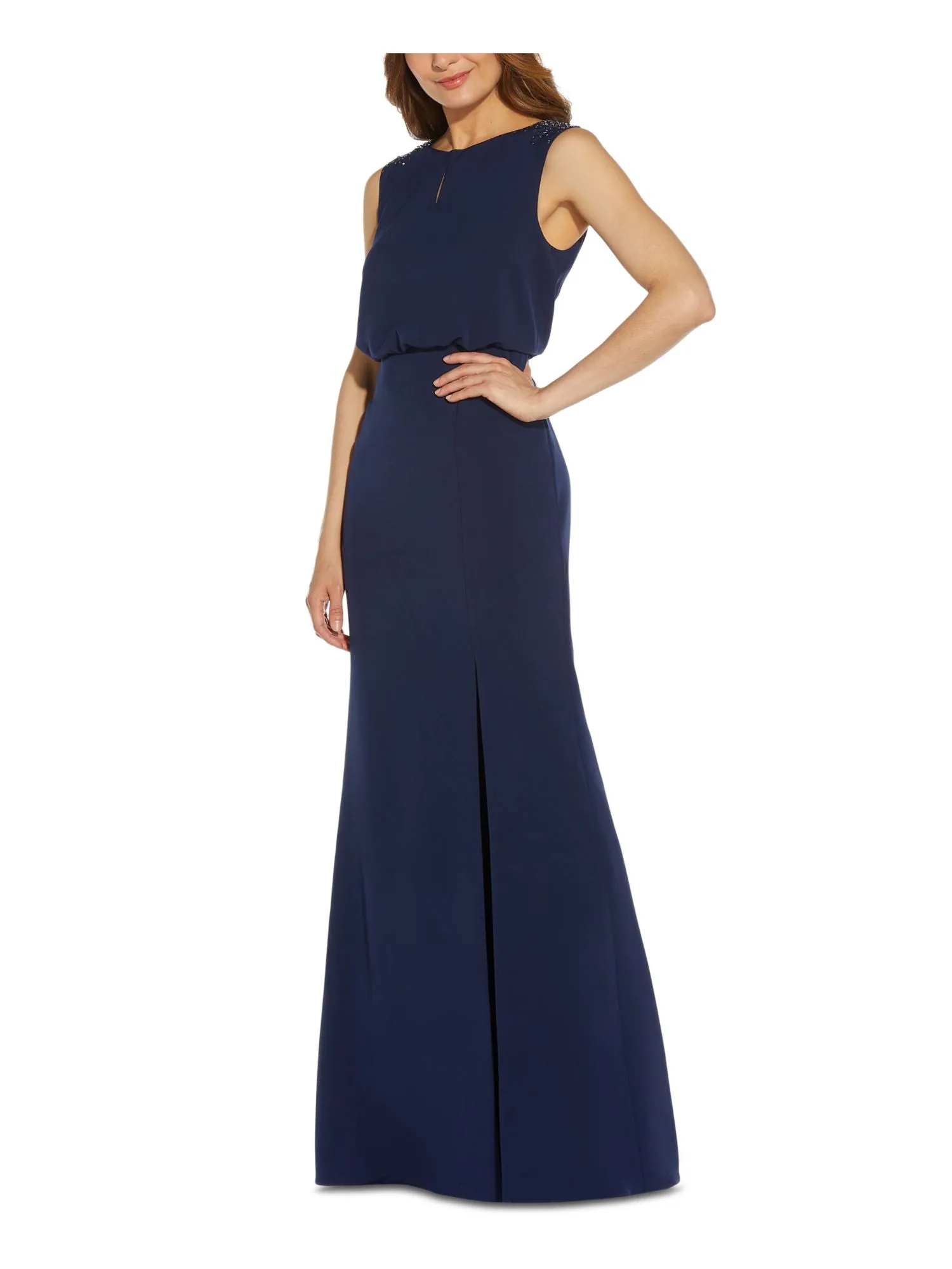 ADRIANNA PAPELL Womens Stretch Embellished Sleeveless Boat Neck Maxi Formal Blouson Dress