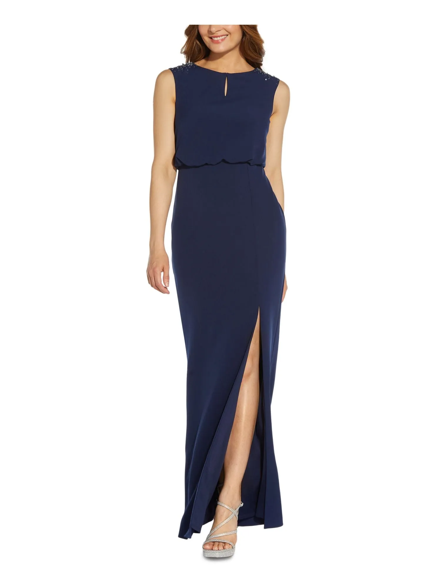 ADRIANNA PAPELL Womens Stretch Embellished Sleeveless Boat Neck Maxi Formal Blouson Dress