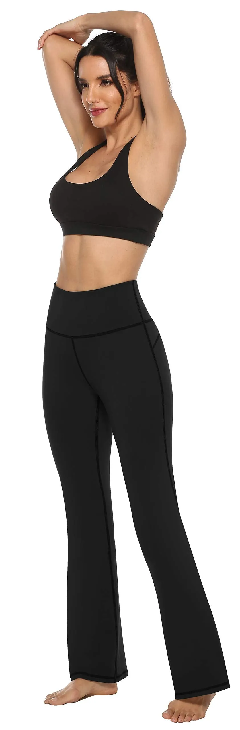 AFITNE Yoga Pants for Women Bootcut Pants with Pockets High Waisted Workout Bootleg Yoga Pants Tall Long Athletic Gym Pants Black - M