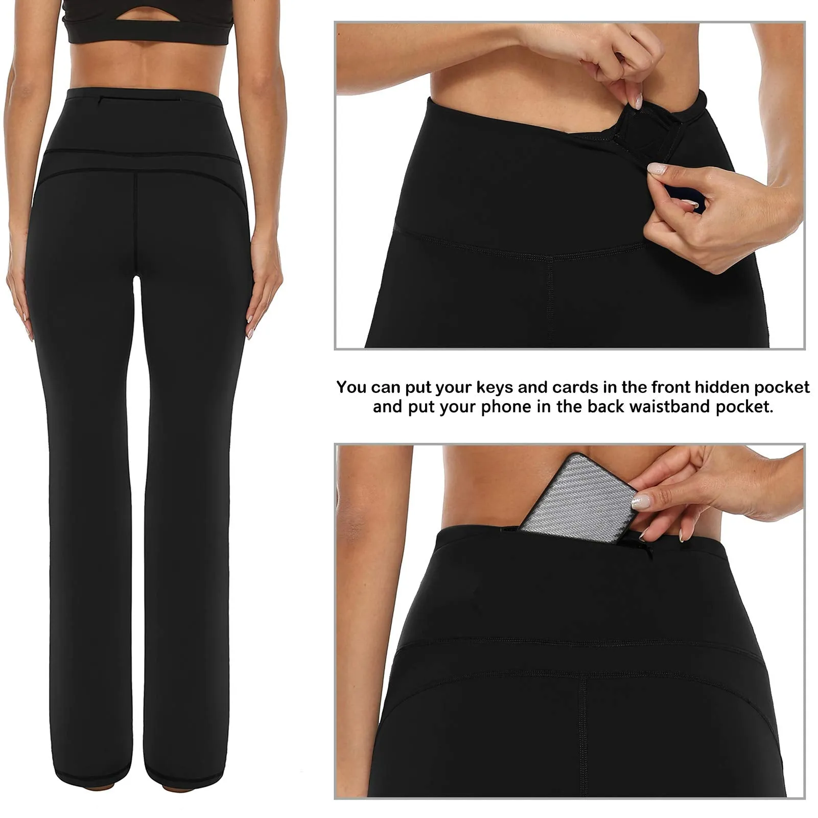 AFITNE Yoga Pants for Women Bootcut Pants with Pockets High Waisted Workout Bootleg Yoga Pants Tall Long Athletic Gym Pants Black - M