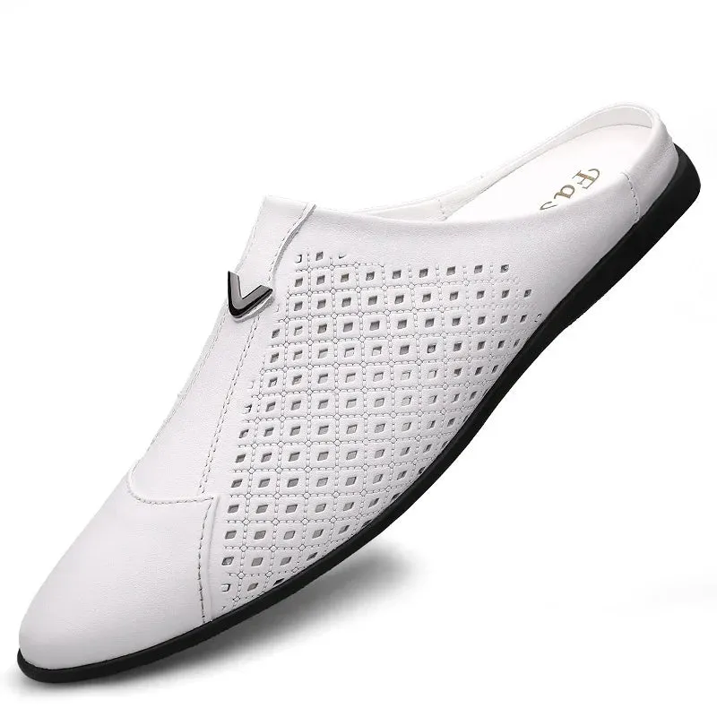 Aidase 2024 Adult Summer Half Drag Peas Leather Mens Driving Shoes Men's Penny Loafers Men Moccasins Man Mules Tenis Masculino White