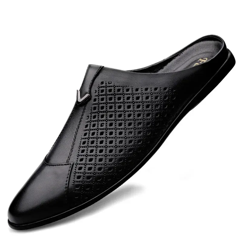 Aidase 2024 Adult Summer Half Drag Peas Leather Mens Driving Shoes Men's Penny Loafers Men Moccasins Man Mules Tenis Masculino White