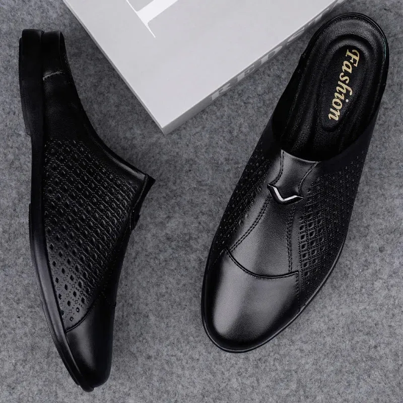 Aidase 2024 Adult Summer Half Drag Peas Leather Mens Driving Shoes Men's Penny Loafers Men Moccasins Man Mules Tenis Masculino White