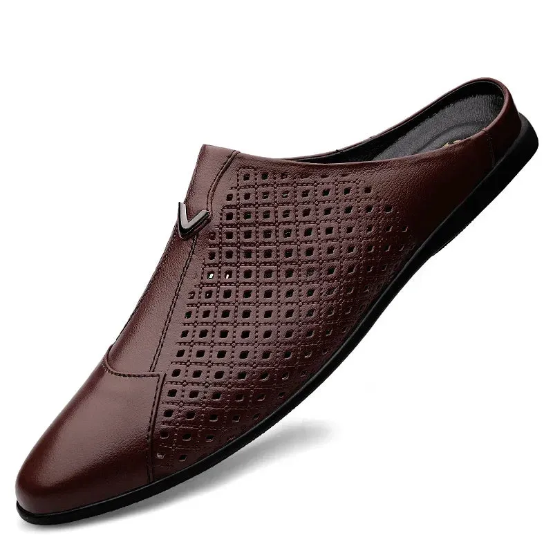 Aidase 2024 Adult Summer Half Drag Peas Leather Mens Driving Shoes Men's Penny Loafers Men Moccasins Man Mules Tenis Masculino White