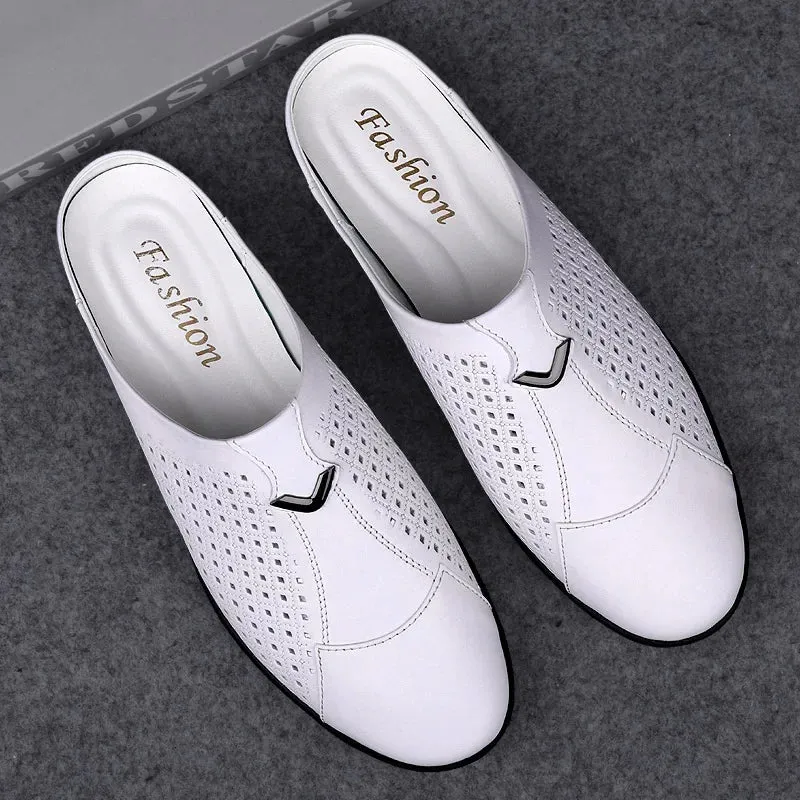 Aidase 2024 Adult Summer Half Drag Peas Leather Mens Driving Shoes Men's Penny Loafers Men Moccasins Man Mules Tenis Masculino White