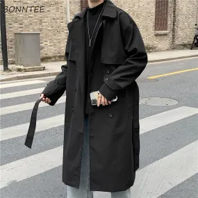 Aidase Men Design Pockets Solid Double Breasted Oversize Leisure Teens Long Coats Sashes Stylish Outwear Hombre Korean Style BF