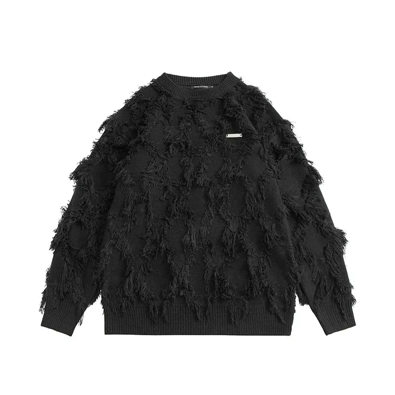 Aidase Men Pullover Solid O-neck Tassel Fashion Versatile Baggy American Knitwear Daily Hip Hop College Warm Cozy Soft Sweaters Chic