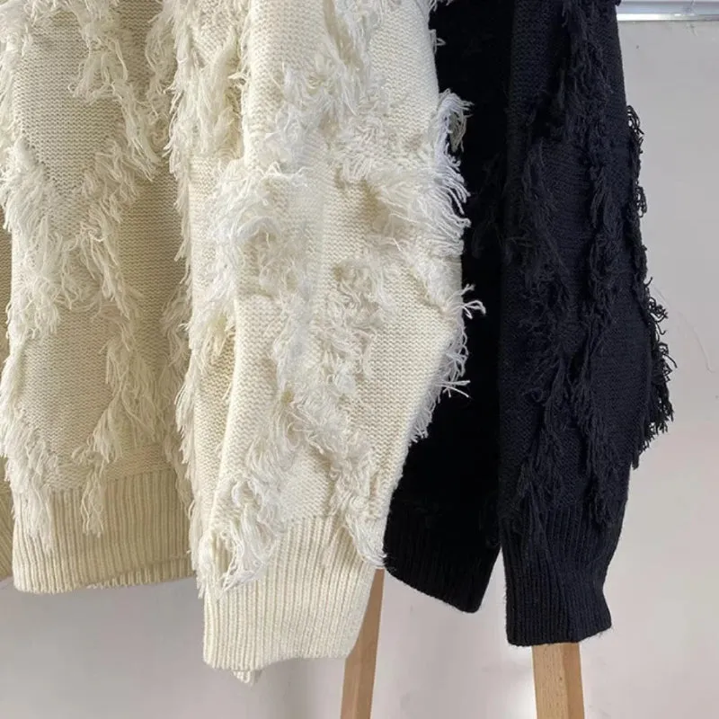 Aidase Men Pullover Solid O-neck Tassel Fashion Versatile Baggy American Knitwear Daily Hip Hop College Warm Cozy Soft Sweaters Chic