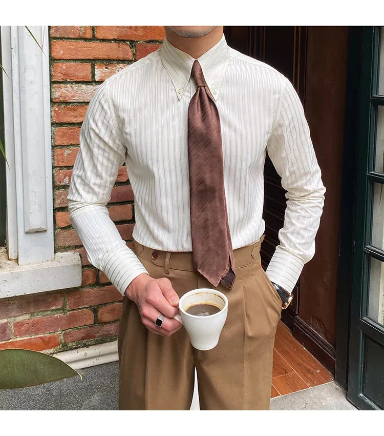 Aidase Summer Retro Pointed Collar Striped Long-sleeved Shirt British Thin Versatile Casual Shirt Fashion Man Camisa Social Masculina