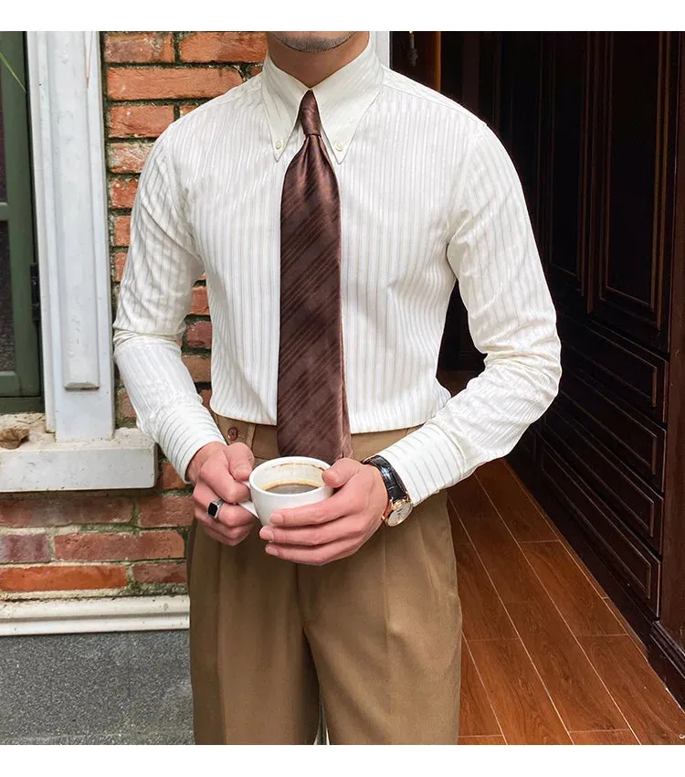 Aidase Summer Retro Pointed Collar Striped Long-sleeved Shirt British Thin Versatile Casual Shirt Fashion Man Camisa Social Masculina