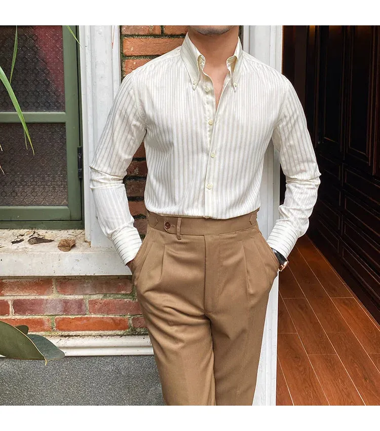 Aidase Summer Retro Pointed Collar Striped Long-sleeved Shirt British Thin Versatile Casual Shirt Fashion Man Camisa Social Masculina