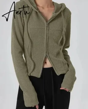 Aiertu  Casual Streetwear Hooded Split Jackets Basic Solid Slim Zipper Long Sleeve Coats Women  Autumn Winter Fashion Lady