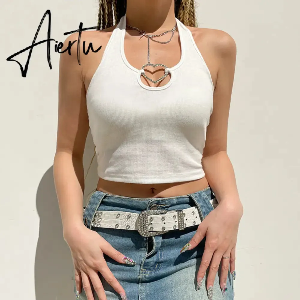 Aiertu Sexy Heart Cut Out White Tank Top Summer Women Halter Backless Basic Crop Camis Sport Ribbed Vest Teachwear