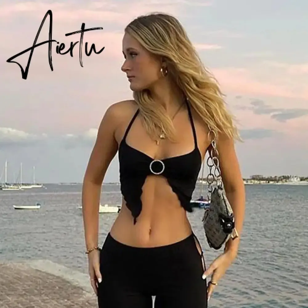 Aiertu Sexy Heart Cut Out White Tank Top Summer Women Halter Backless Basic Crop Camis Sport Ribbed Vest Teachwear