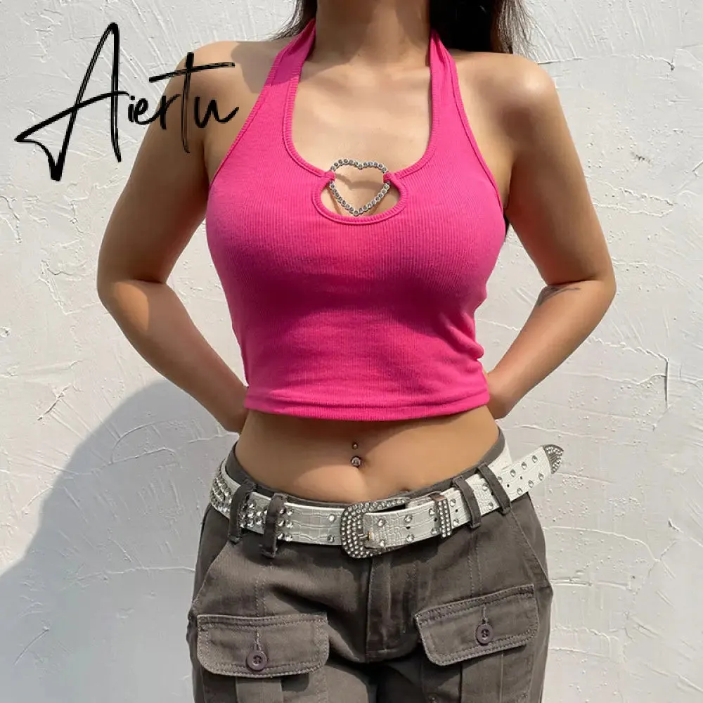 Aiertu Sexy Heart Cut Out White Tank Top Summer Women Halter Backless Basic Crop Camis Sport Ribbed Vest Teachwear
