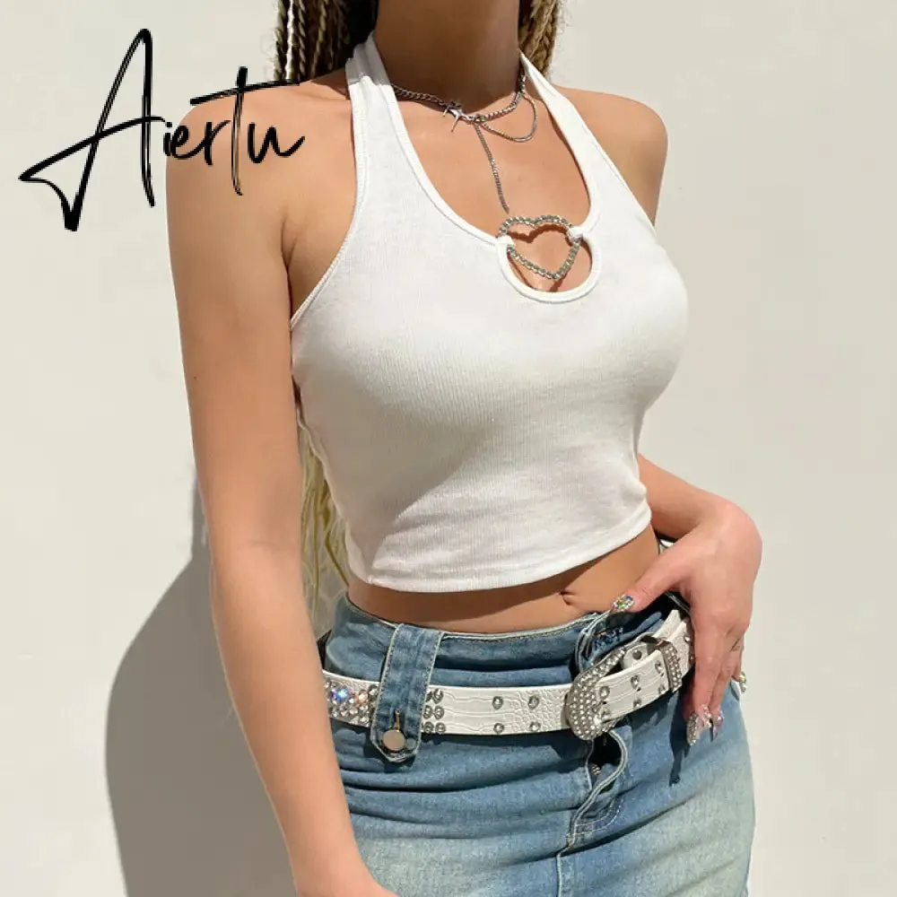 Aiertu Sexy Heart Cut Out White Tank Top Summer Women Halter Backless Basic Crop Camis Sport Ribbed Vest Teachwear
