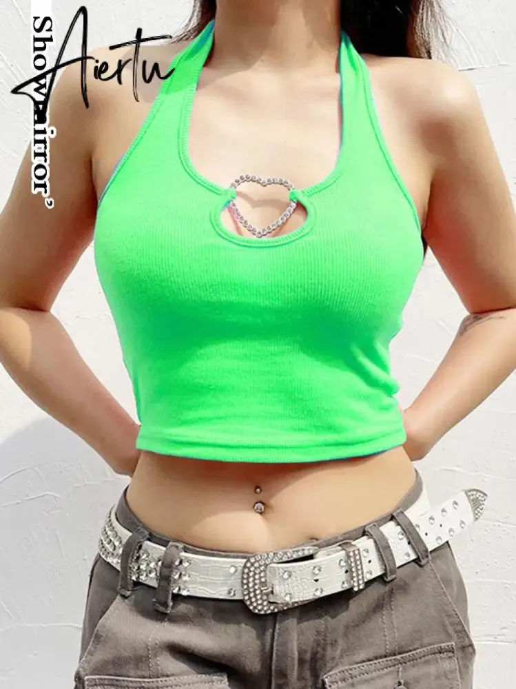 Aiertu Sexy Heart Cut Out White Tank Top Summer Women Halter Backless Basic Crop Camis Sport Ribbed Vest Teachwear