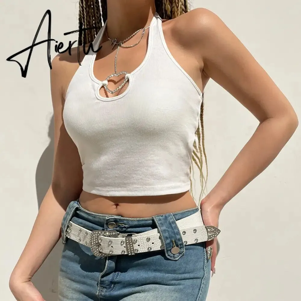 Aiertu Sexy Heart Cut Out White Tank Top Summer Women Halter Backless Basic Crop Camis Sport Ribbed Vest Teachwear