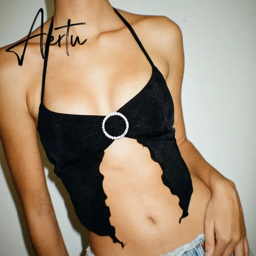 Aiertu Sexy Heart Cut Out White Tank Top Summer Women Halter Backless Basic Crop Camis Sport Ribbed Vest Teachwear