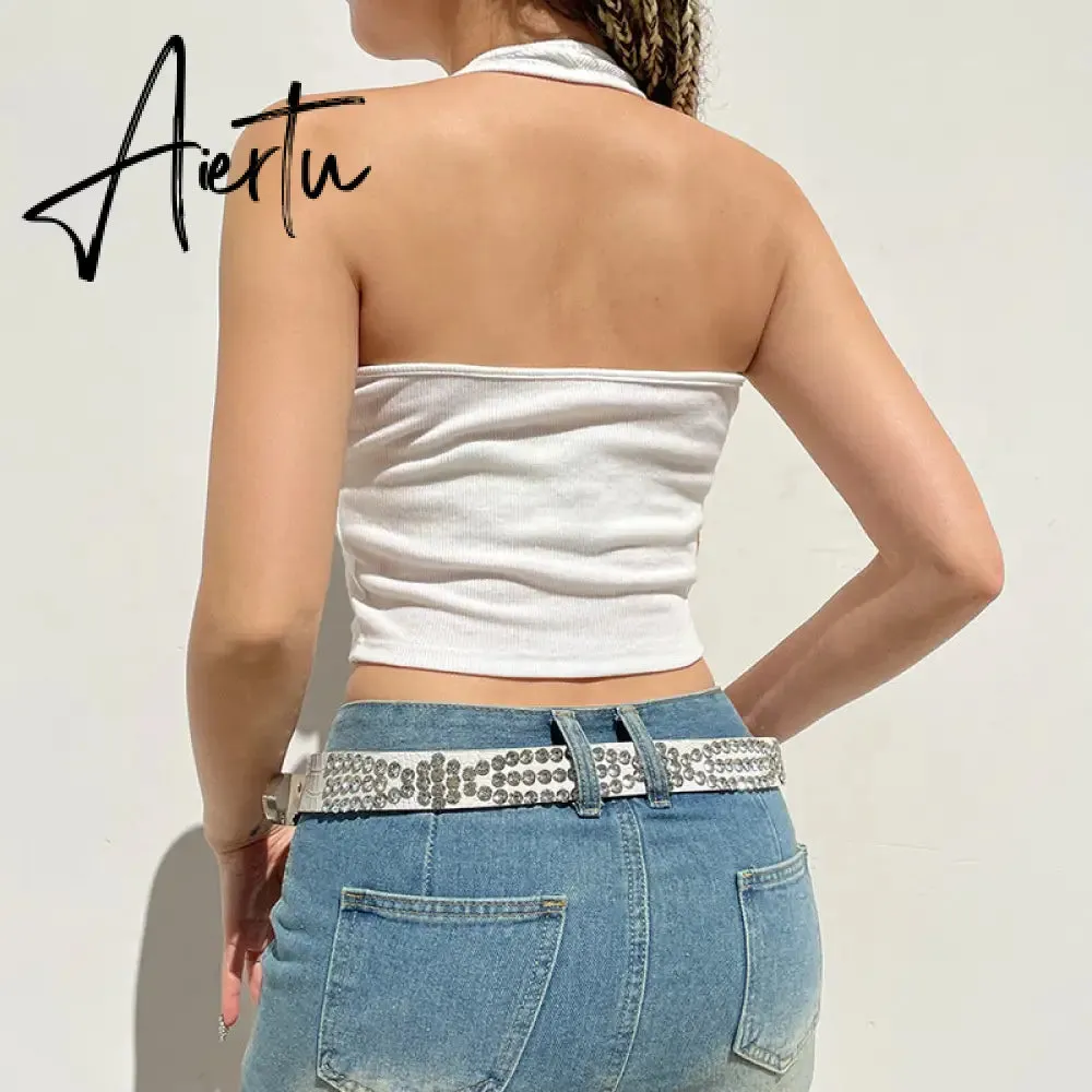 Aiertu Sexy Heart Cut Out White Tank Top Summer Women Halter Backless Basic Crop Camis Sport Ribbed Vest Teachwear