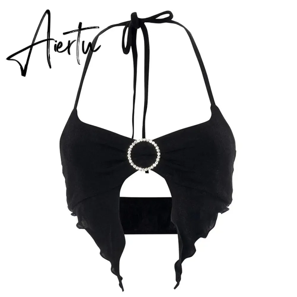 Aiertu Sexy Heart Cut Out White Tank Top Summer Women Halter Backless Basic Crop Camis Sport Ribbed Vest Teachwear