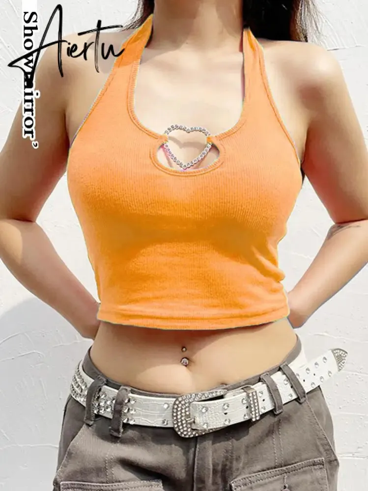 Aiertu Sexy Heart Cut Out White Tank Top Summer Women Halter Backless Basic Crop Camis Sport Ribbed Vest Teachwear
