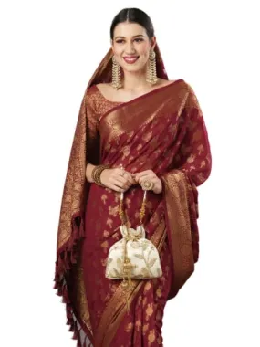 AKHILAM Women's Kanjeevaram Georgette Ethnic Motif Zari Saree With Unstitched Blouse Piece (Maroon_ALEKHA1002)